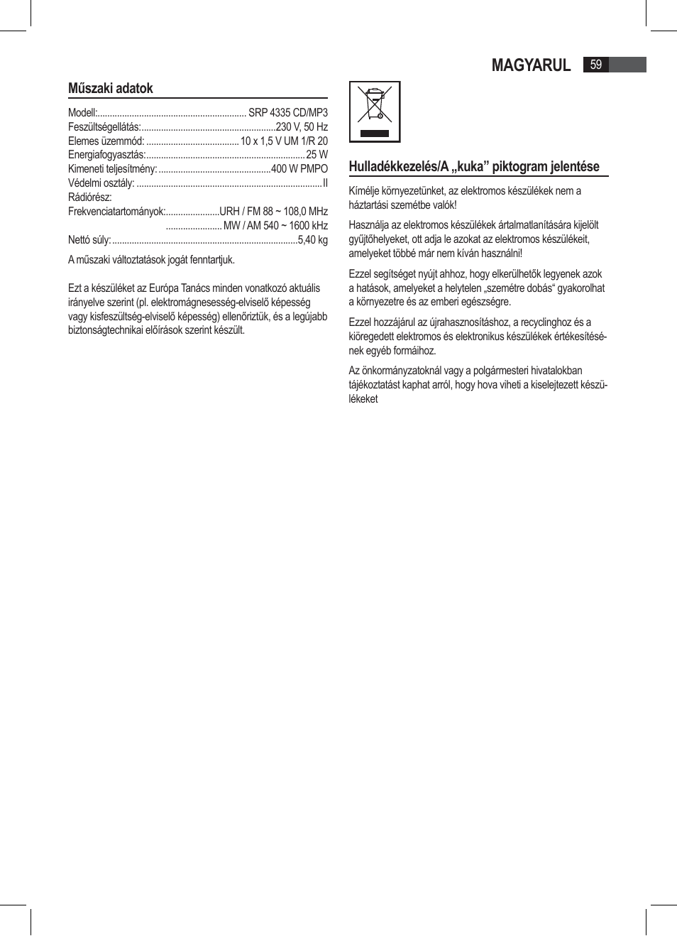 Magyarul | AEG SRP 4335 CD-MP3 User Manual | Page 59 / 74