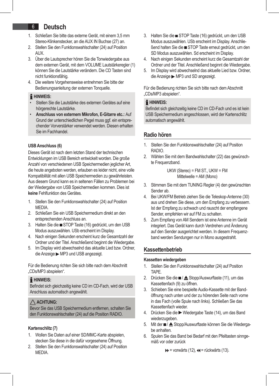 Deutsch, Radio hören, Kassettenbetrieb | AEG SRP 4335 CD-MP3 User Manual | Page 6 / 74