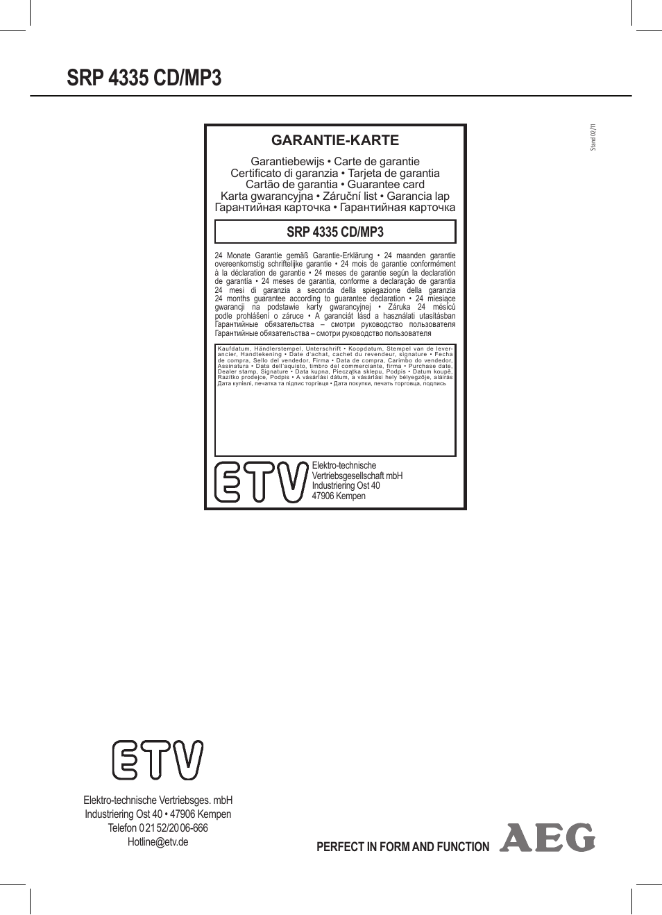 Garantie-karte, Perfect in form and function | AEG SRP 4335 CD-MP3 User Manual | Page 74 / 74