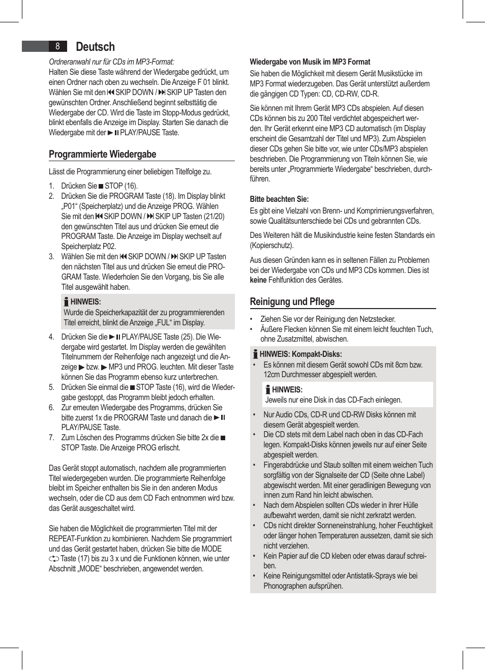 Deutsch, Programmierte wiedergabe, Reinigung und pflege | AEG SRP 4335 CD-MP3 User Manual | Page 8 / 74