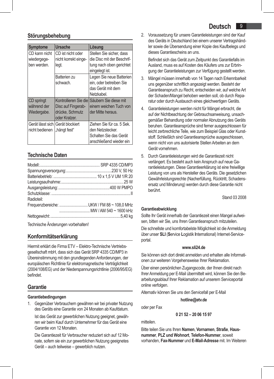 Deutsch, Störungsbehebung, Technische daten | Konformitätserklärung, Garantie | AEG SRP 4335 CD-MP3 User Manual | Page 9 / 74
