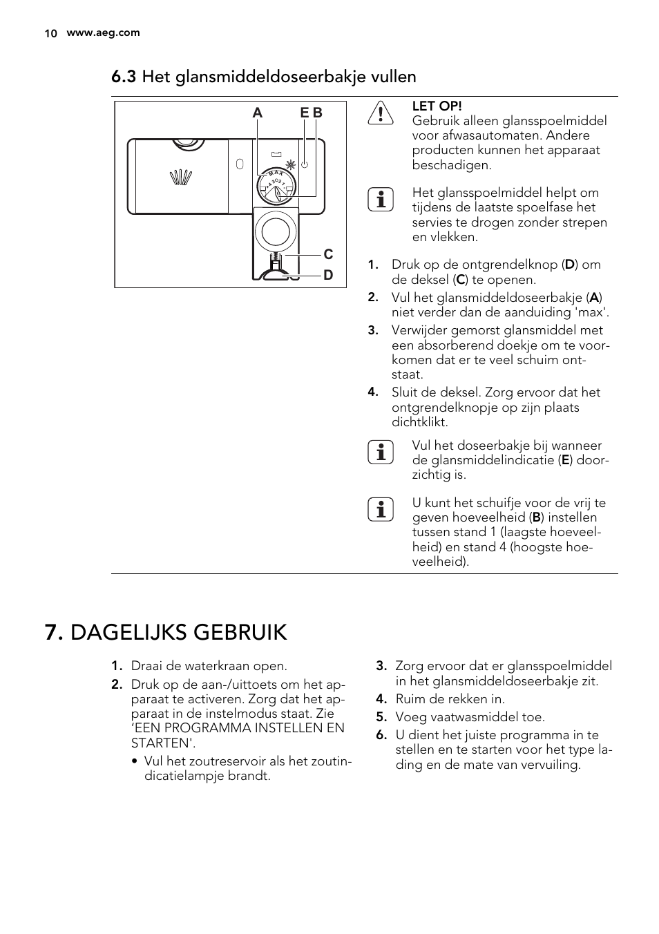 Dagelijks gebruik, 3 het glansmiddeldoseerbakje vullen | AEG F35000VI1P User Manual | Page 10 / 68