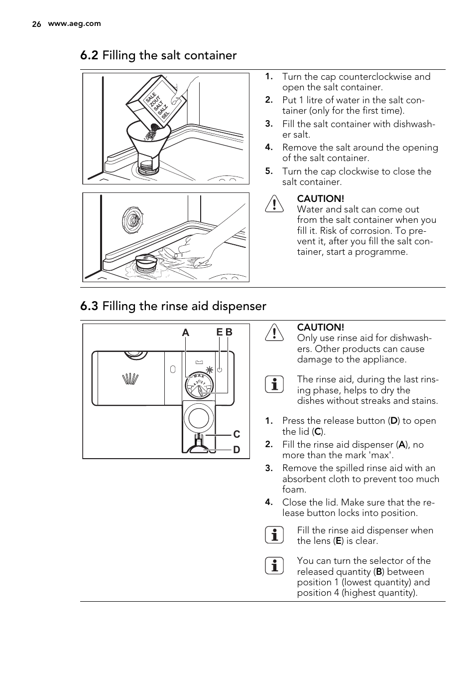 2 filling the salt container, 3 filling the rinse aid dispenser | AEG F35000VI1P User Manual | Page 26 / 68