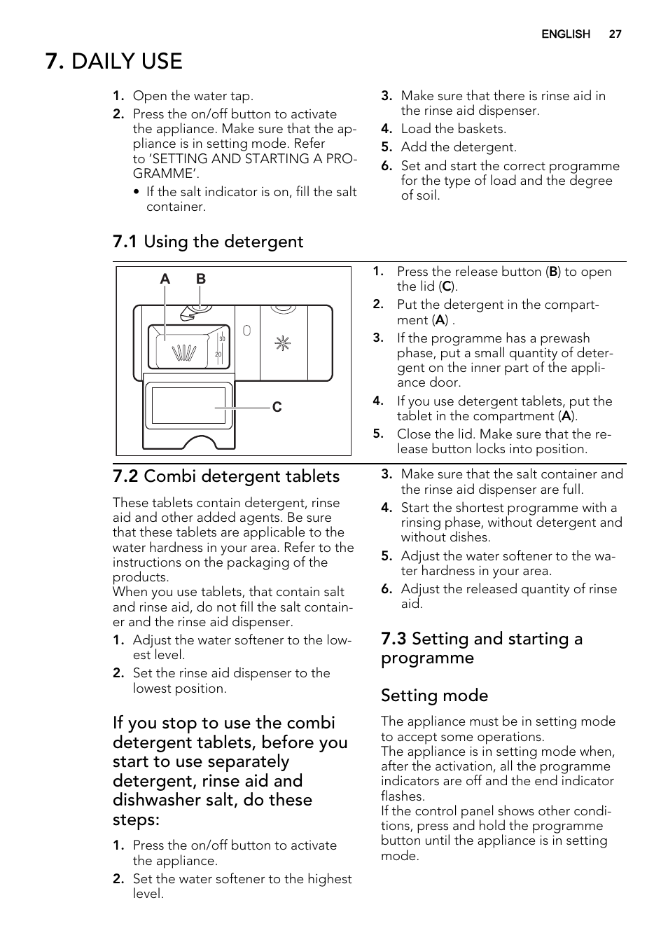 Daily use, 1 using the detergent, 2 combi detergent tablets | 3 setting and starting a programme setting mode | AEG F35000VI1P User Manual | Page 27 / 68