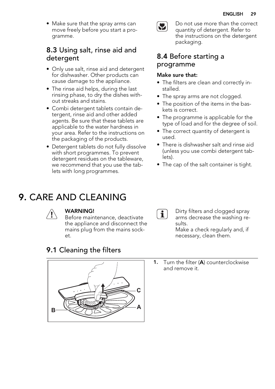 Care and cleaning, 3 using salt, rinse aid and detergent, 4 before starting a programme | 1 cleaning the filters | AEG F35000VI1P User Manual | Page 29 / 68