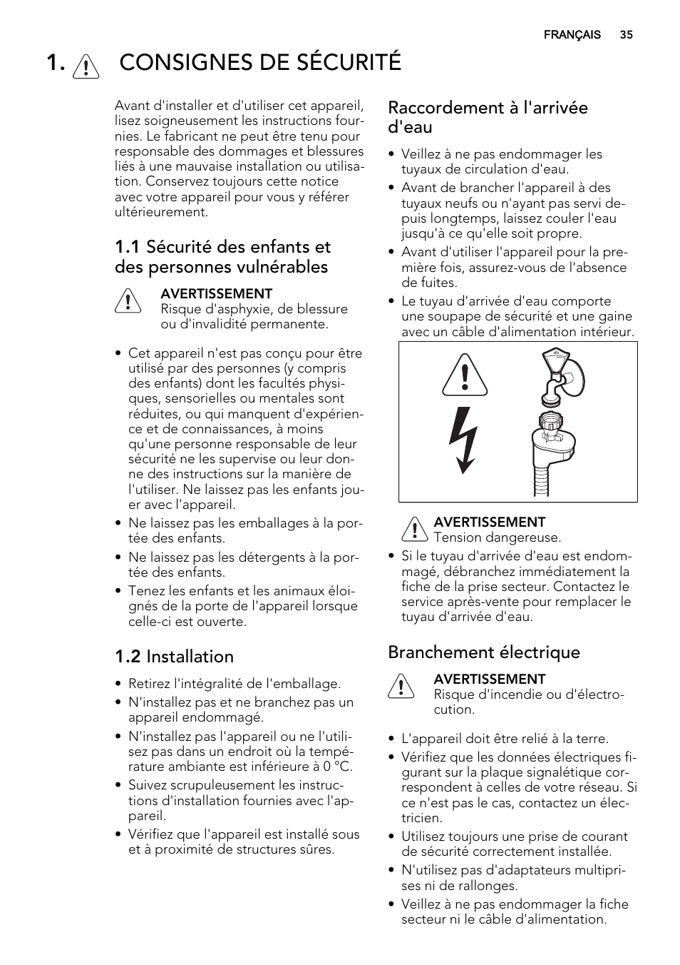 Consignes de sécurité, 2 installation, Raccordement à l'arrivée d'eau | Branchement électrique | AEG F35000VI1P User Manual | Page 35 / 68