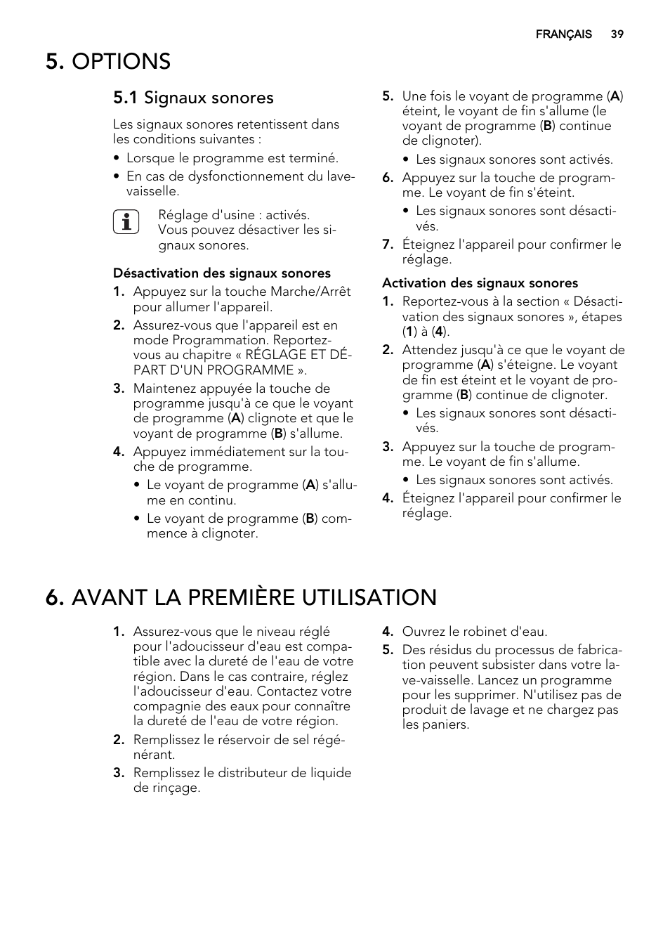 Options, Avant la première utilisation, 1 signaux sonores | AEG F35000VI1P User Manual | Page 39 / 68