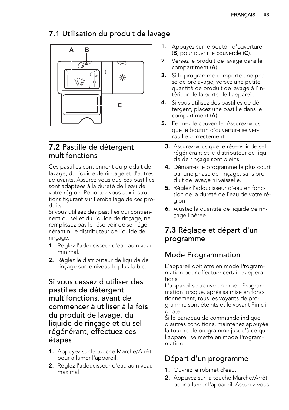 1 utilisation du produit de lavage, 2 pastille de détergent multifonctions, Départ d'un programme | AEG F35000VI1P User Manual | Page 43 / 68