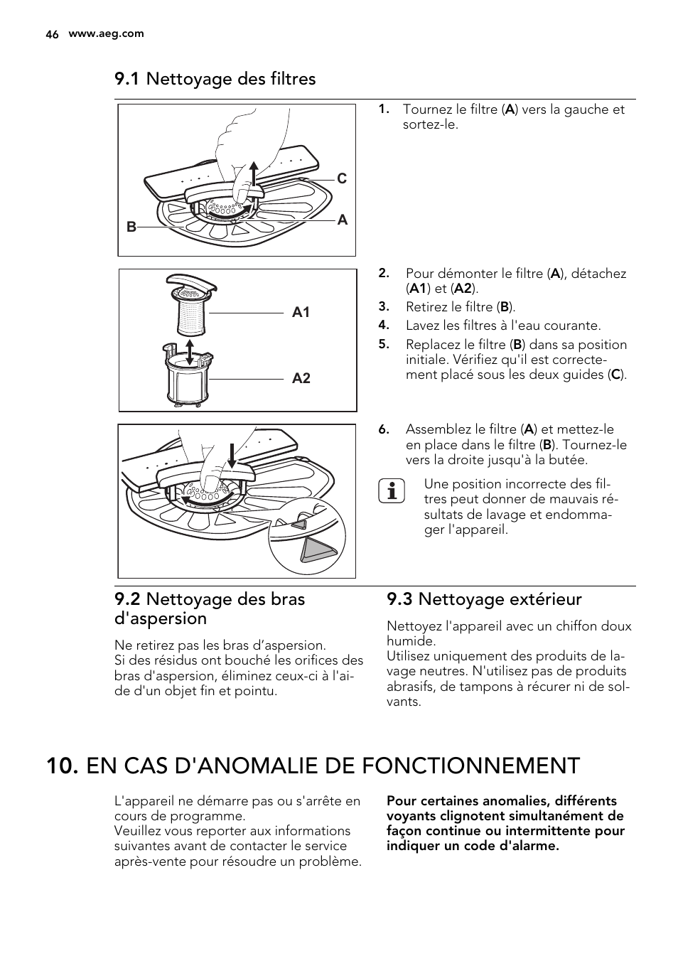 En cas d'anomalie de fonctionnement, 1 nettoyage des filtres, 2 nettoyage des bras d'aspersion | 3 nettoyage extérieur | AEG F35000VI1P User Manual | Page 46 / 68