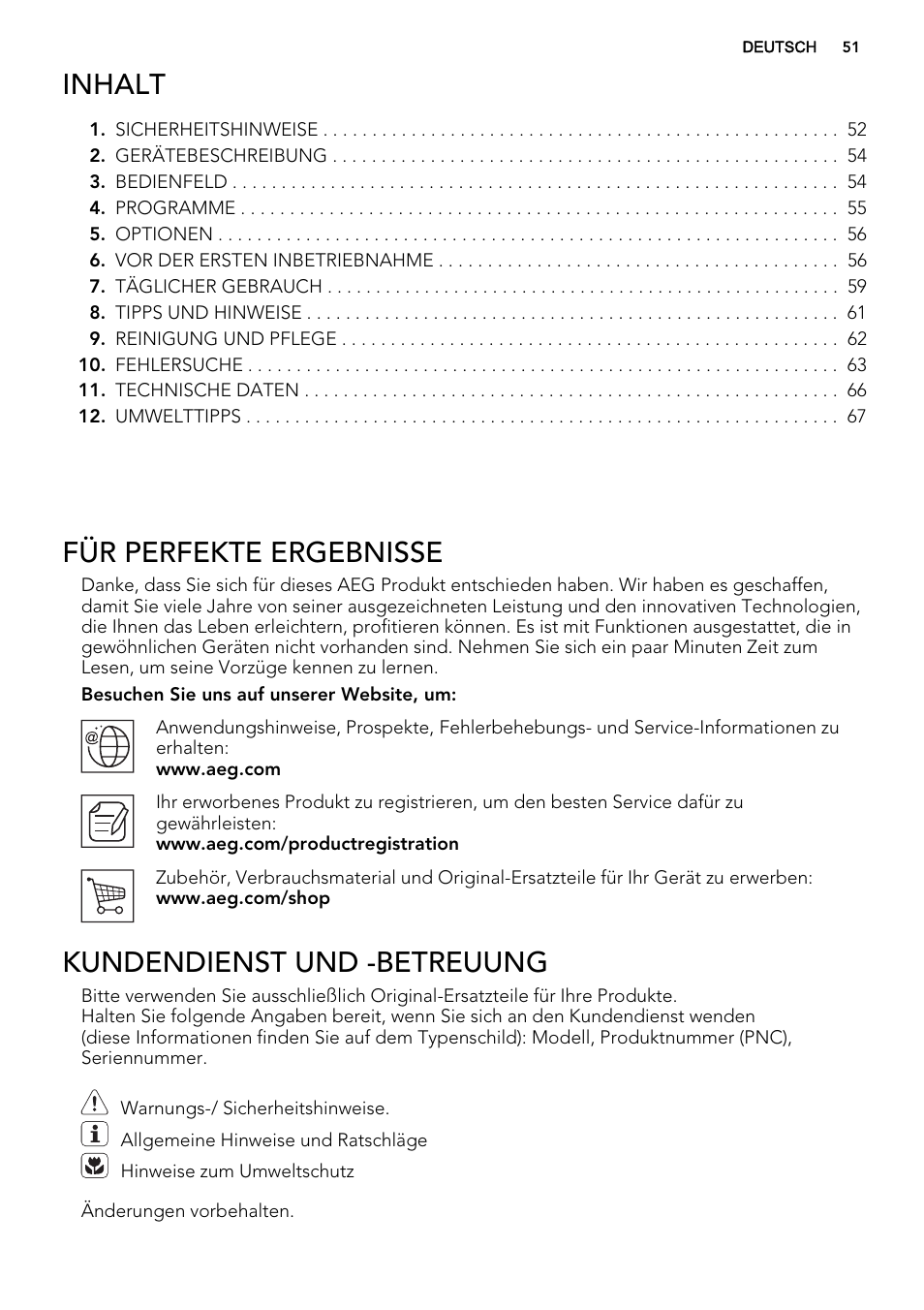 Inhalt, Für perfekte ergebnisse, Kundendienst und -betreuung | AEG F35000VI1P User Manual | Page 51 / 68
