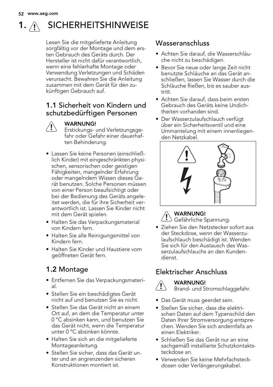 Sicherheitshinweise, 2 montage, Wasseranschluss | Elektrischer anschluss | AEG F35000VI1P User Manual | Page 52 / 68