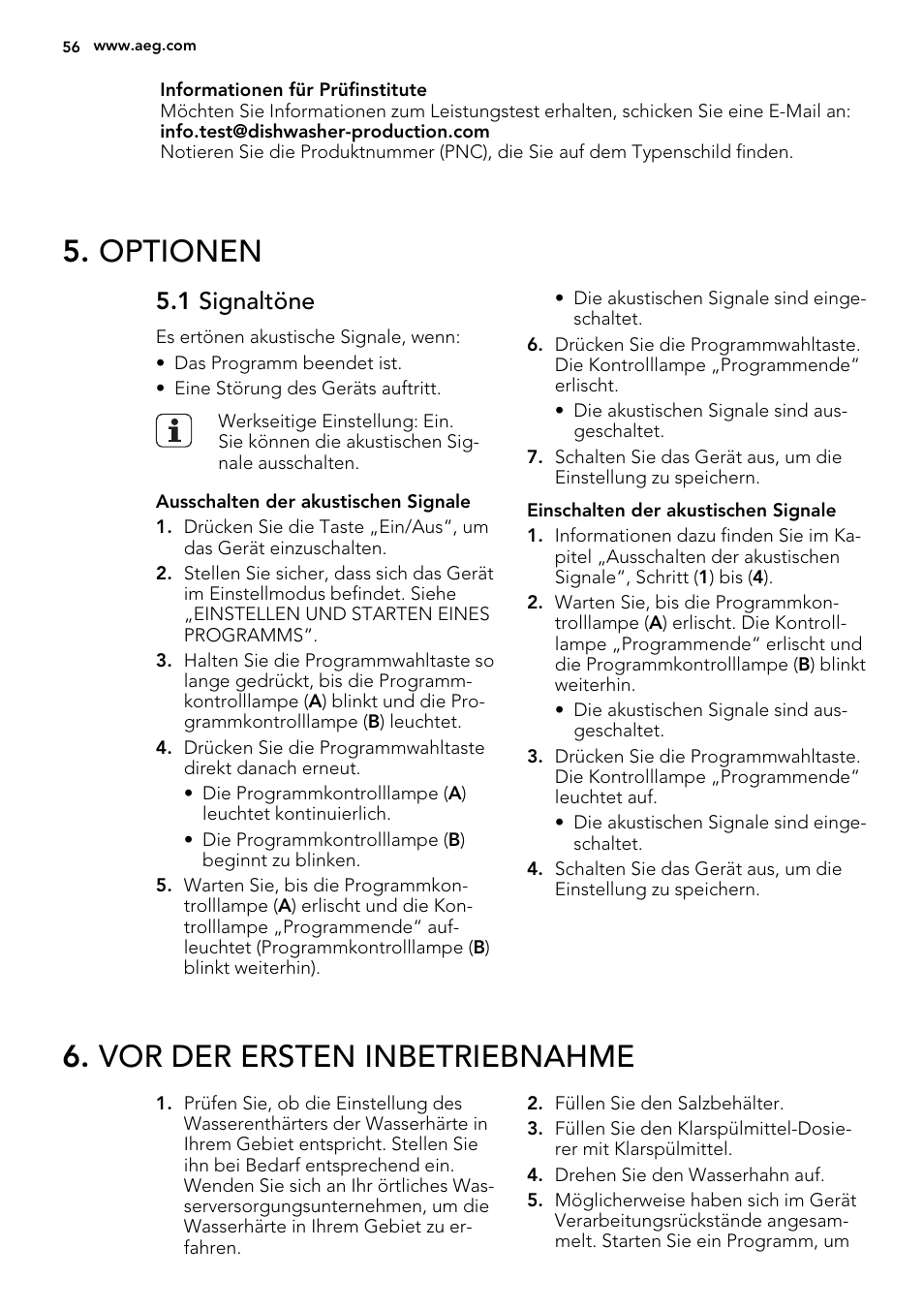 Optionen, Vor der ersten inbetriebnahme, 1 signaltöne | AEG F35000VI1P User Manual | Page 56 / 68