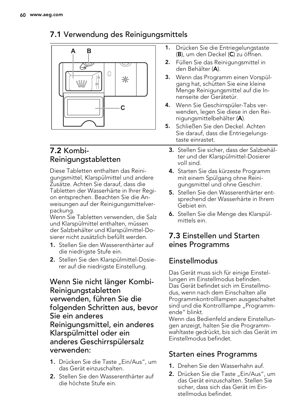 1 verwendung des reinigungsmittels, 2 kombi- reinigungstabletten, Starten eines programms | AEG F35000VI1P User Manual | Page 60 / 68