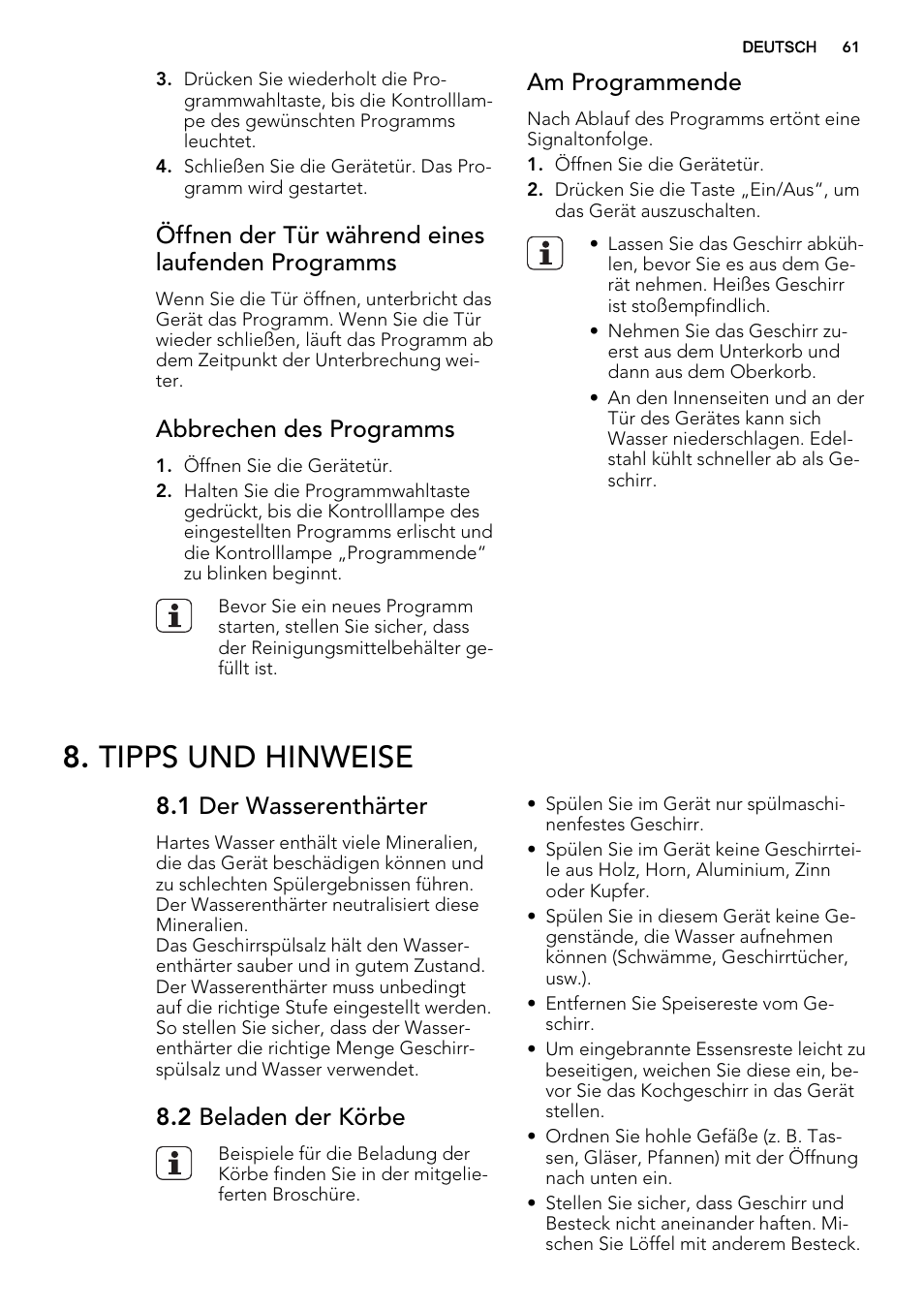 Tipps und hinweise, Öffnen der tür während eines laufenden programms, Abbrechen des programms | Am programmende, 1 der wasserenthärter, 2 beladen der körbe | AEG F35000VI1P User Manual | Page 61 / 68