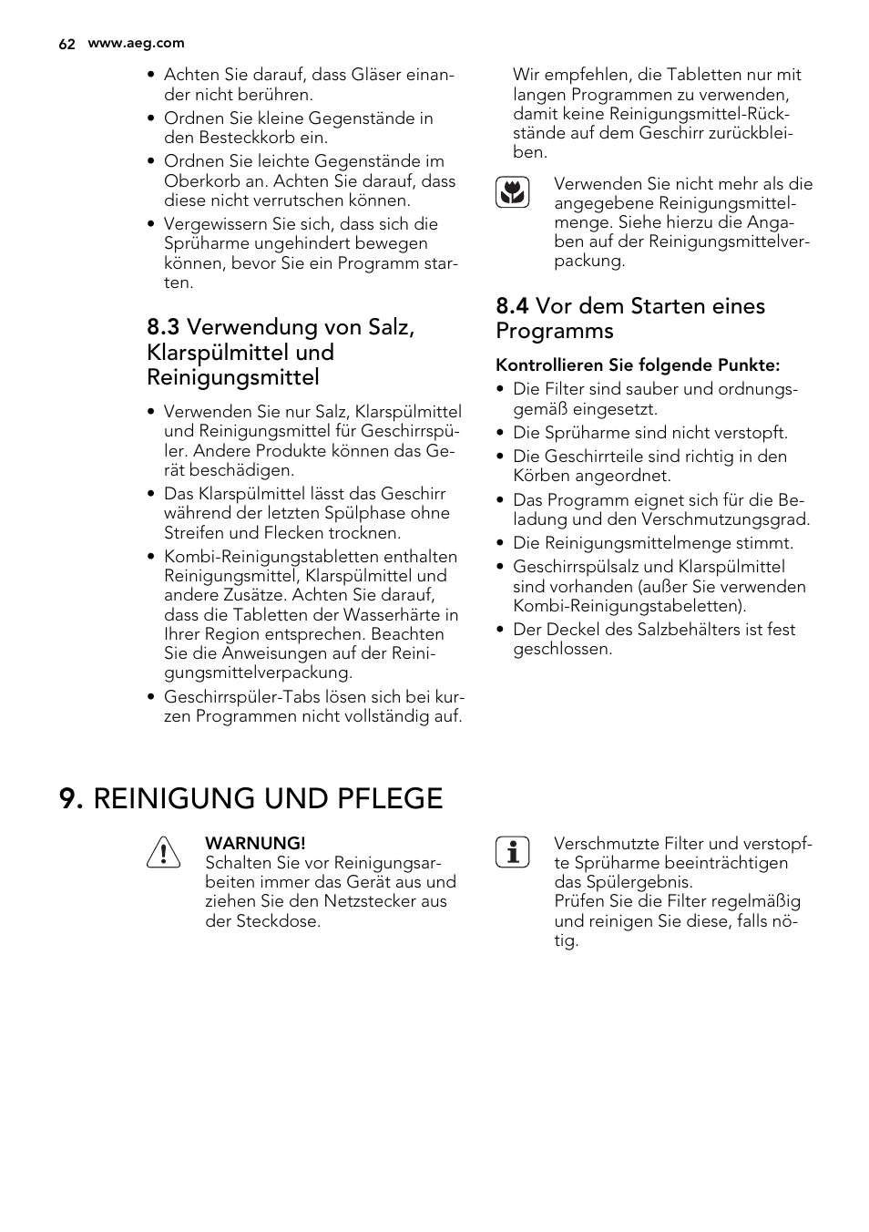 Reinigung und pflege, 4 vor dem starten eines programms | AEG F35000VI1P User Manual | Page 62 / 68