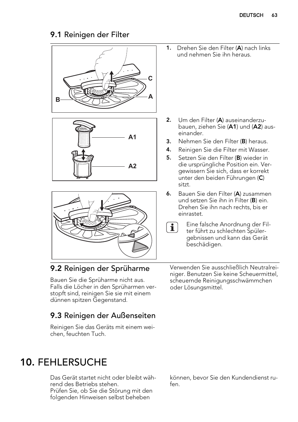 Fehlersuche, 1 reinigen der filter, 2 reinigen der sprüharme | 3 reinigen der außenseiten | AEG F35000VI1P User Manual | Page 63 / 68