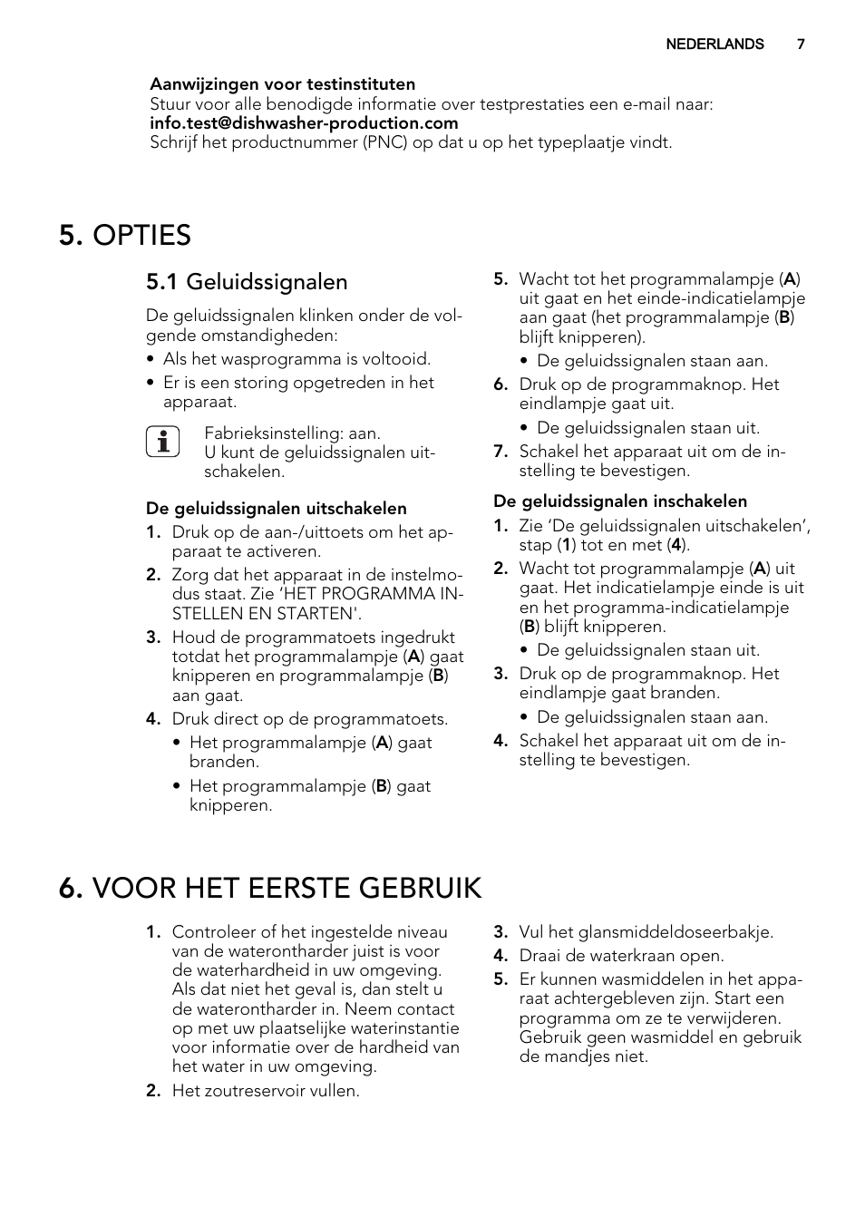 Opties, Voor het eerste gebruik, 1 geluidssignalen | AEG F35000VI1P User Manual | Page 7 / 68