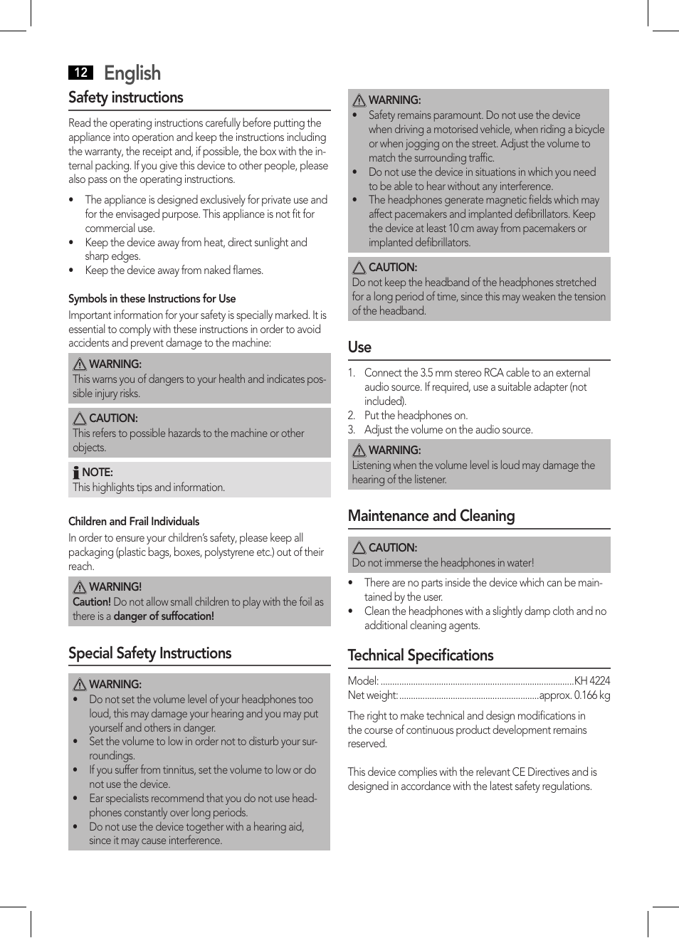 English, Safety instructions, Special safety instructions | Maintenance and cleaning, Technical specifications | AEG KH 4224 User Manual | Page 12 / 20