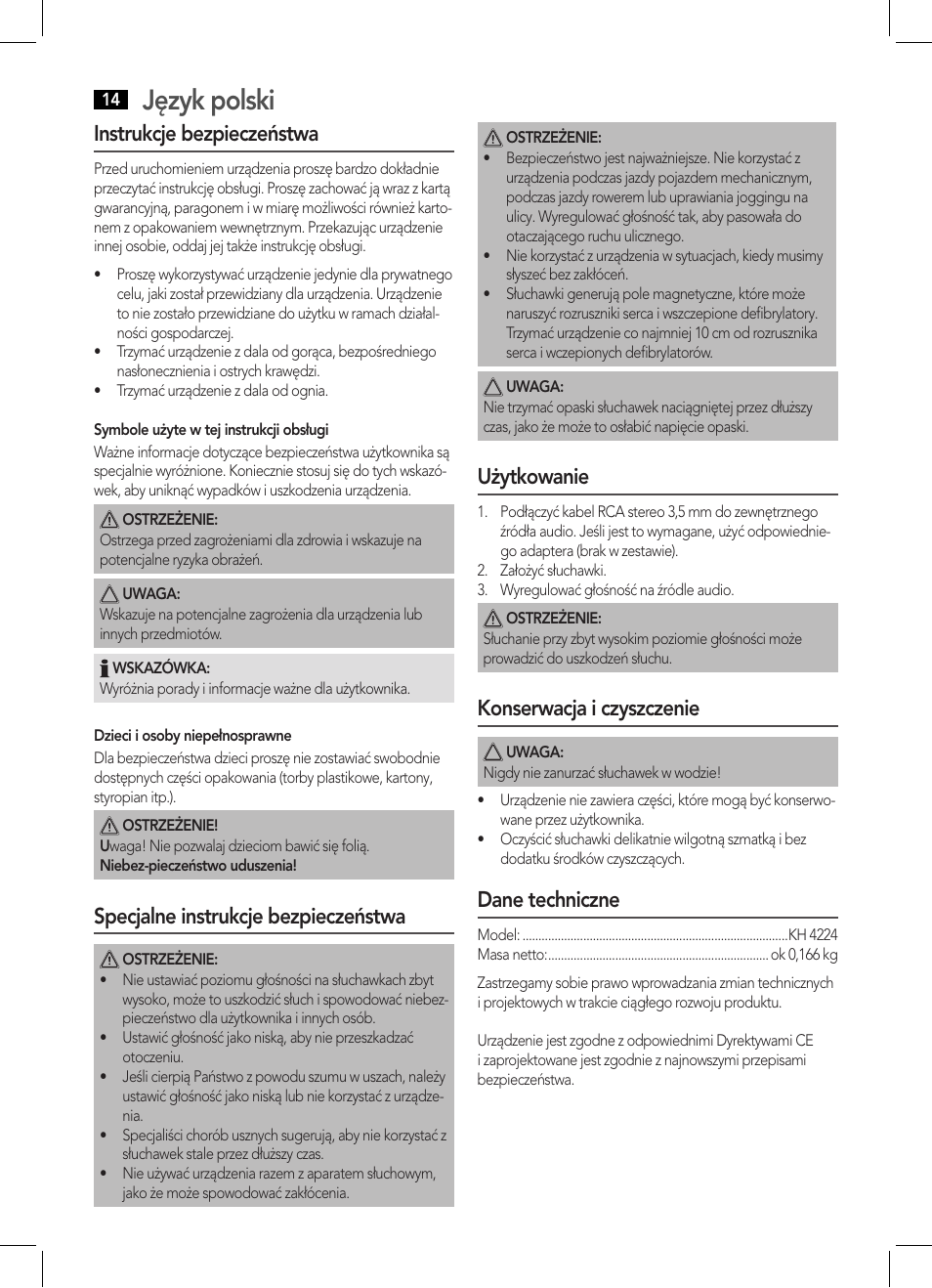 Język polski, Instrukcje bezpieczeństwa, Specjalne instrukcje bezpieczeństwa | Użytkowanie, Konserwacja i czyszczenie, Dane techniczne | AEG KH 4224 User Manual | Page 14 / 20