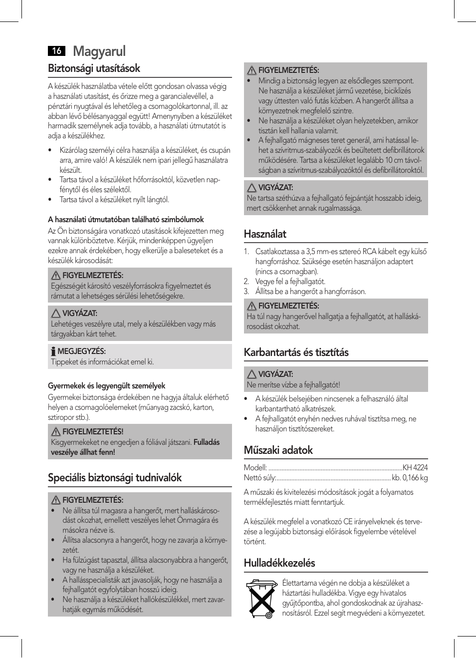 Magyarul, Biztonsági utasítások, Speciális biztonsági tudnivalók | Használat, Karbantartás és tisztítás, Műszaki adatok, Hulladékkezelés | AEG KH 4224 User Manual | Page 16 / 20