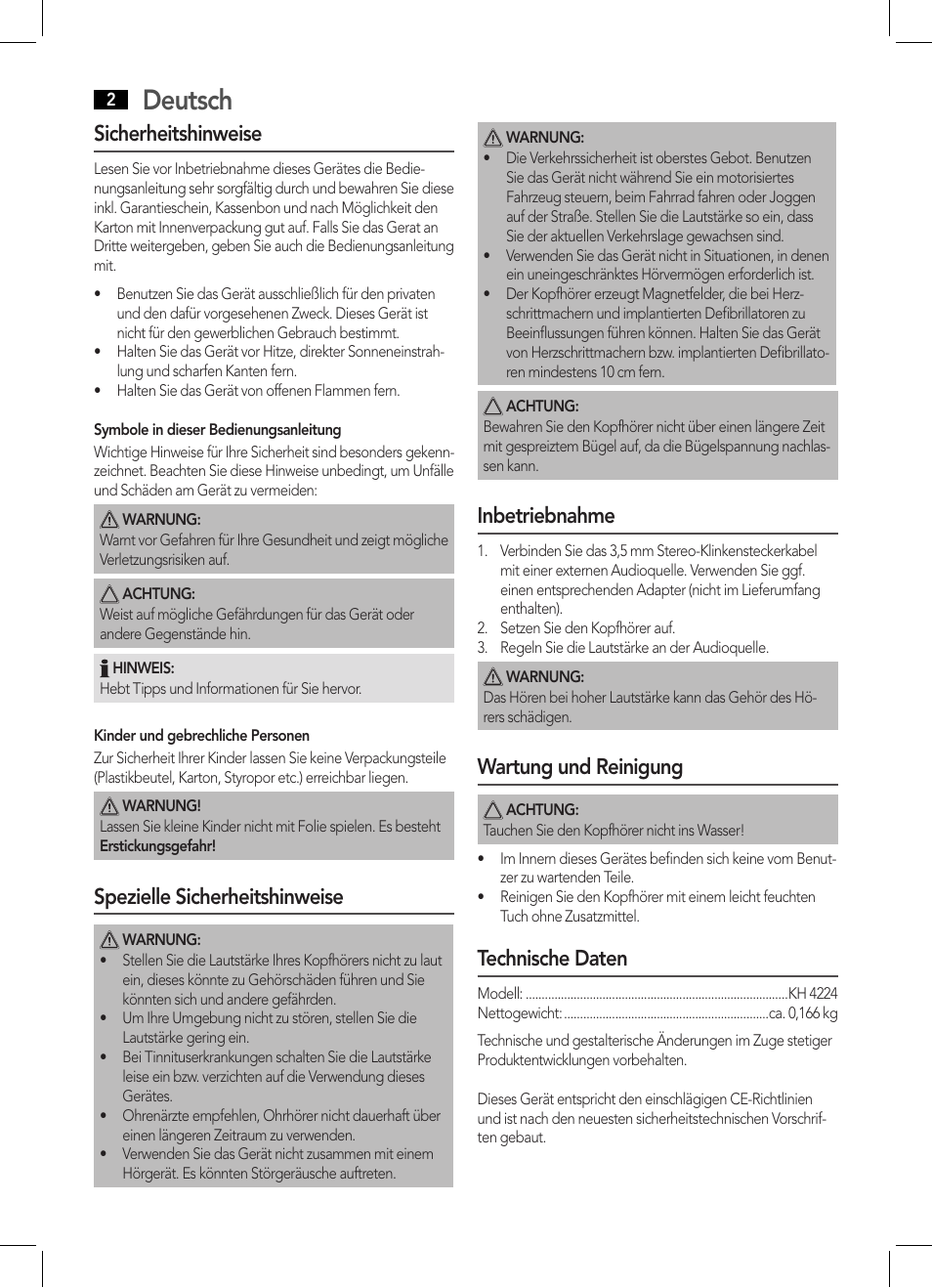 Deutsch, Sicherheitshinweise, Spezielle sicherheitshinweise | Inbetriebnahme, Wartung und reinigung, Technische daten | AEG KH 4224 User Manual | Page 2 / 20