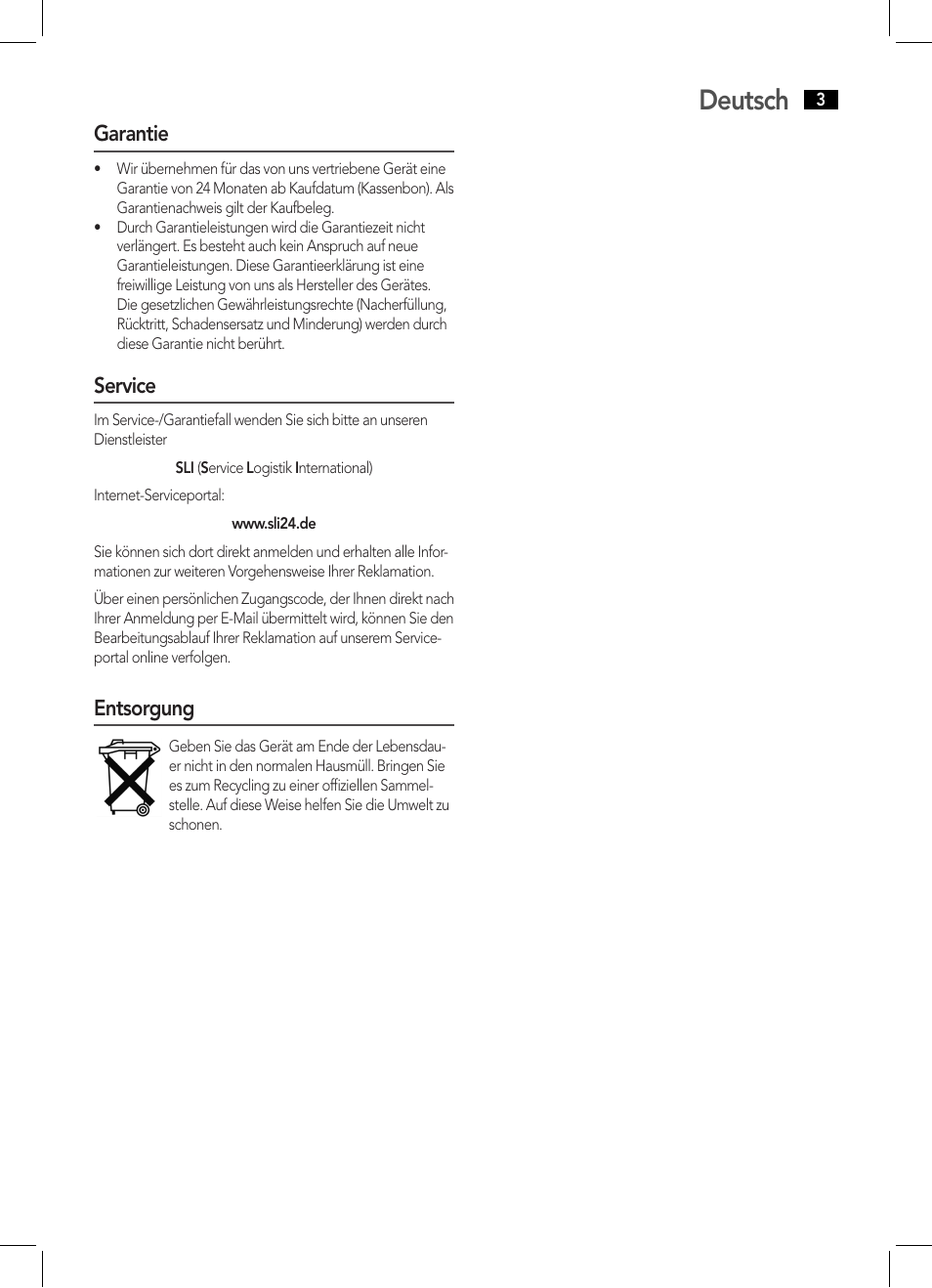 Deutsch, Garantie, Service | Entsorgung | AEG KH 4224 User Manual | Page 3 / 20