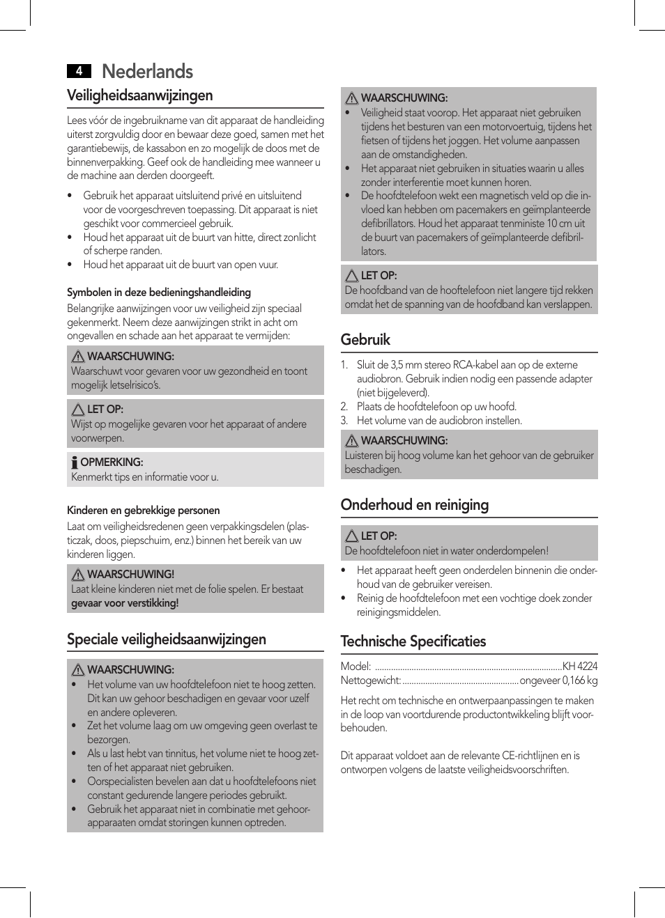 Nederlands, Veiligheidsaanwijzingen, Speciale veiligheidsaanwijzingen | Gebruik, Onderhoud en reiniging, Technische specificaties | AEG KH 4224 User Manual | Page 4 / 20