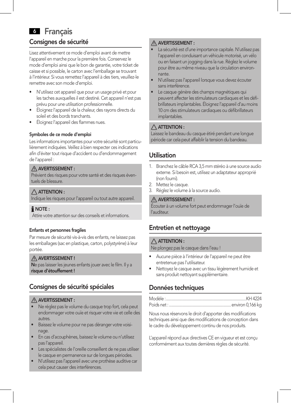 Français, Consignes de sécurité, Consignes de sécurité spéciales | Utilisation, Entretien et nettoyage, Données techniques | AEG KH 4224 User Manual | Page 6 / 20