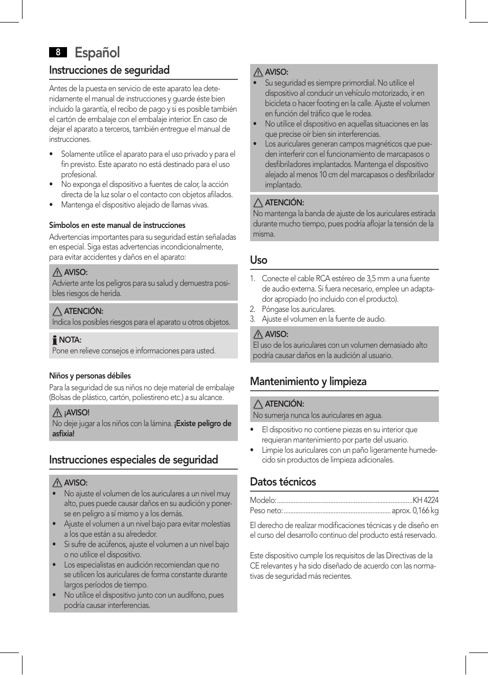 Español, Instrucciones de seguridad, Instrucciones especiales de seguridad | Mantenimiento y limpieza, Datos técnicos | AEG KH 4224 User Manual | Page 8 / 20