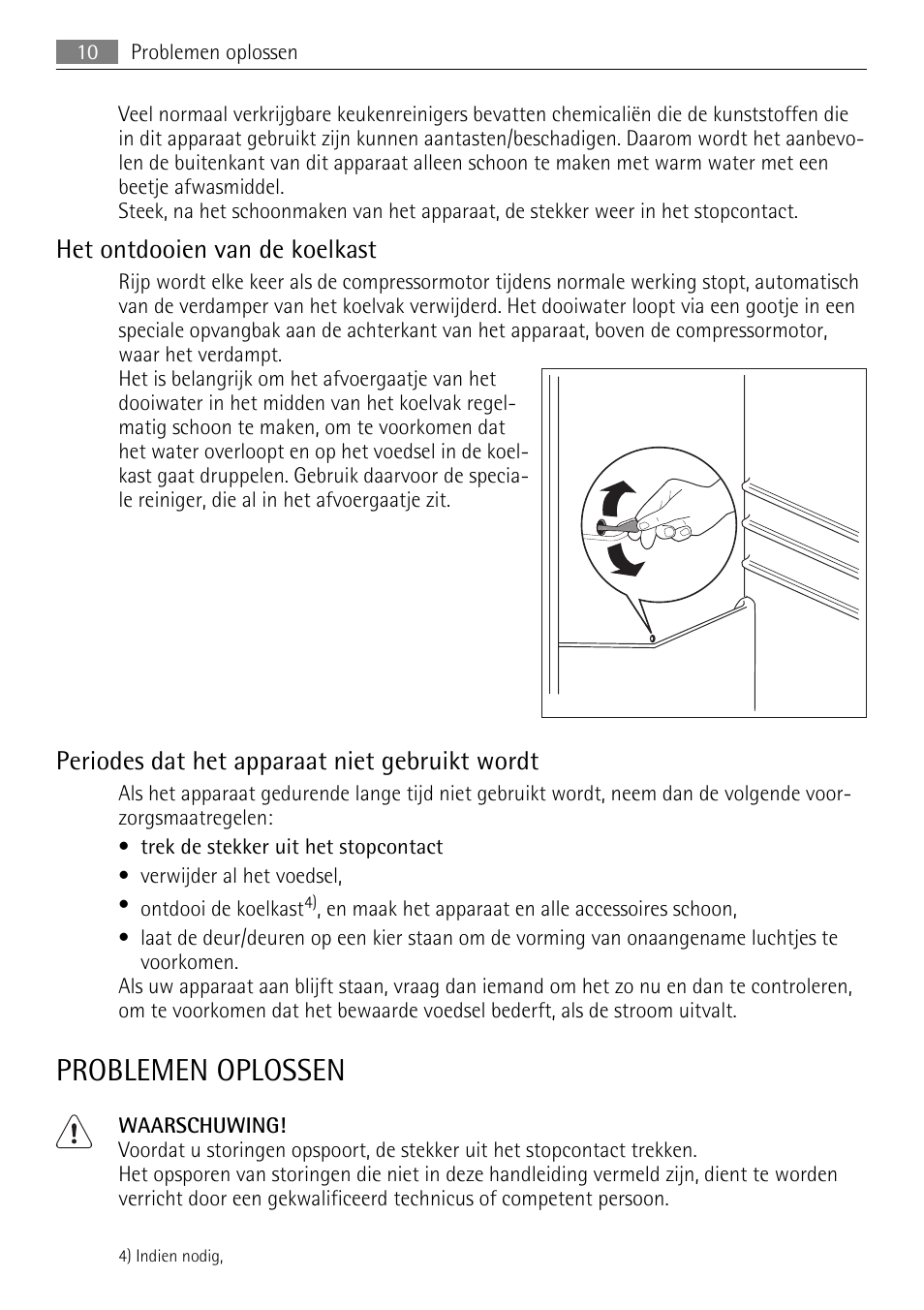 Problemen oplossen, Het ontdooien van de koelkast, Periodes dat het apparaat niet gebruikt wordt | AEG SKS51200F0 User Manual | Page 10 / 80
