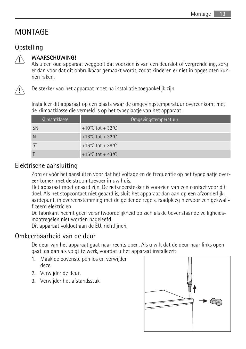 Montage, Opstelling, Elektrische aansluiting | Omkeerbaarheid van de deur | AEG SKS51200F0 User Manual | Page 13 / 80