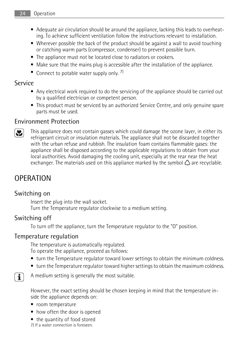 Operation, Service, Environment protection | Switching on, Switching off, Temperature regulation | AEG SKS51200F0 User Manual | Page 24 / 80