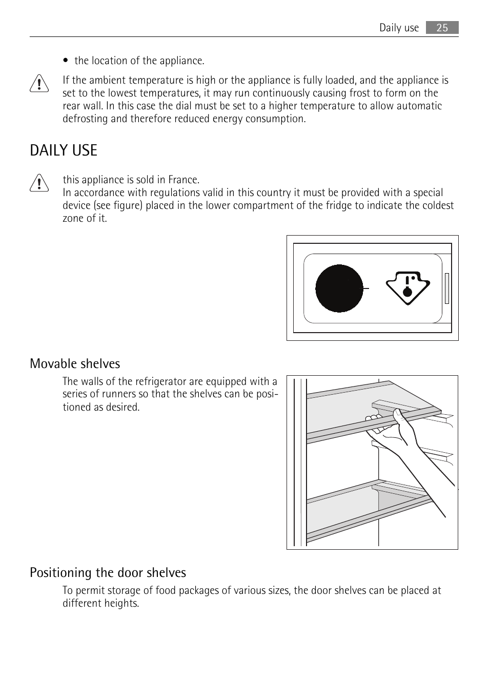 Daily use, Movable shelves, Positioning the door shelves | AEG SKS51200F0 User Manual | Page 25 / 80