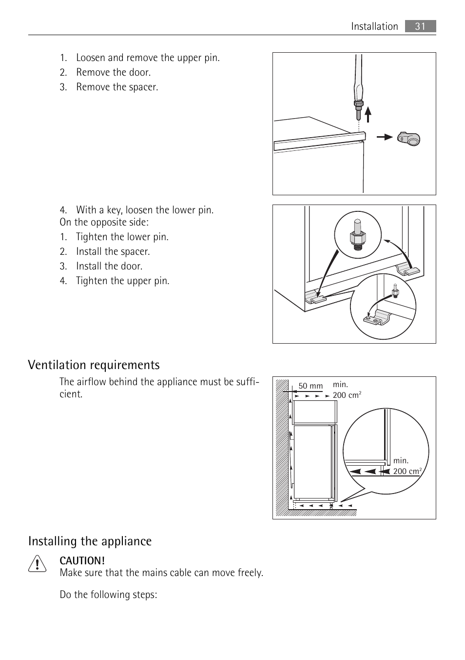 Ventilation requirements, Installing the appliance | AEG SKS51200F0 User Manual | Page 31 / 80