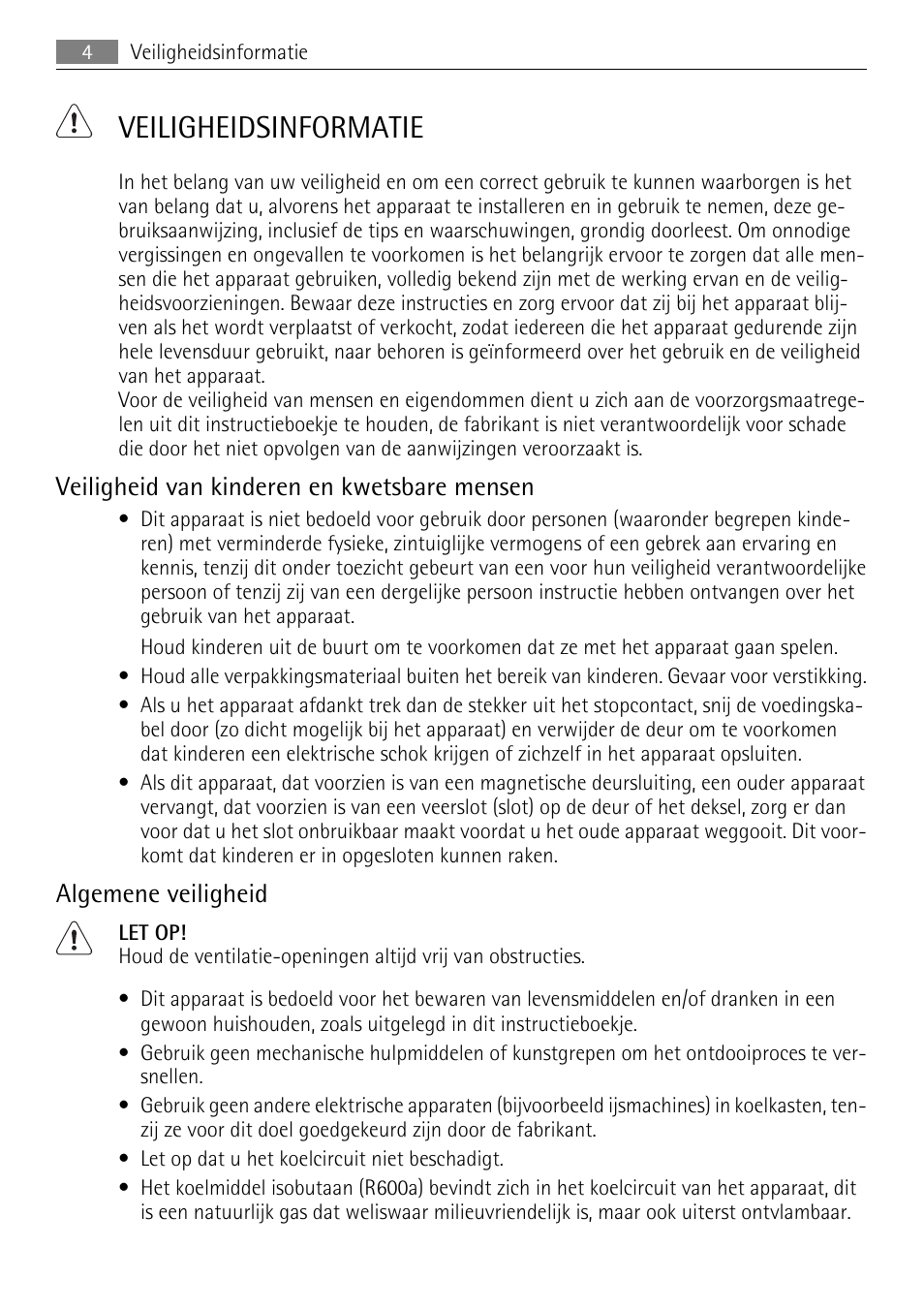 Veiligheidsinformatie, Veiligheid van kinderen en kwetsbare mensen, Algemene veiligheid | AEG SKS51200F0 User Manual | Page 4 / 80