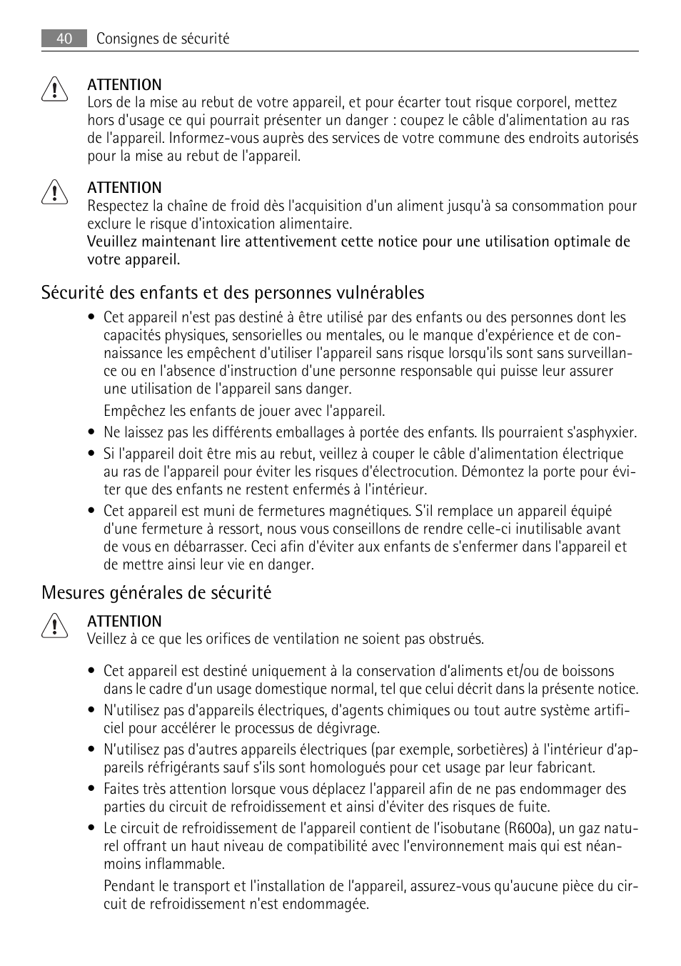 Sécurité des enfants et des personnes vulnérables, Mesures générales de sécurité | AEG SKS51200F0 User Manual | Page 40 / 80