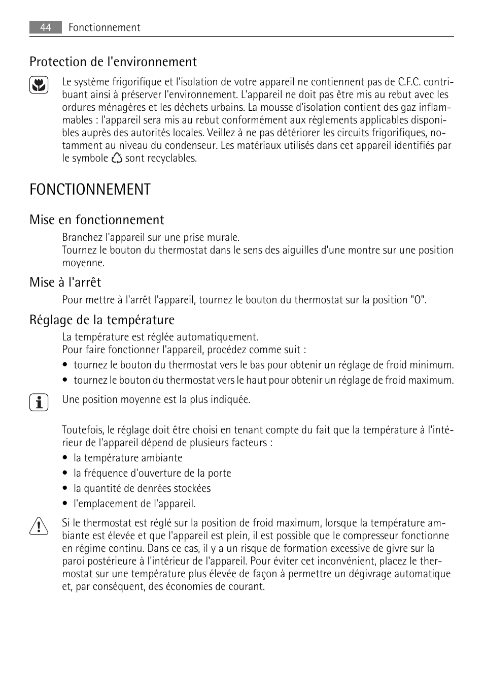 Fonctionnement, Protection de l'environnement, Mise en fonctionnement | Mise à l'arrêt, Réglage de la température | AEG SKS51200F0 User Manual | Page 44 / 80