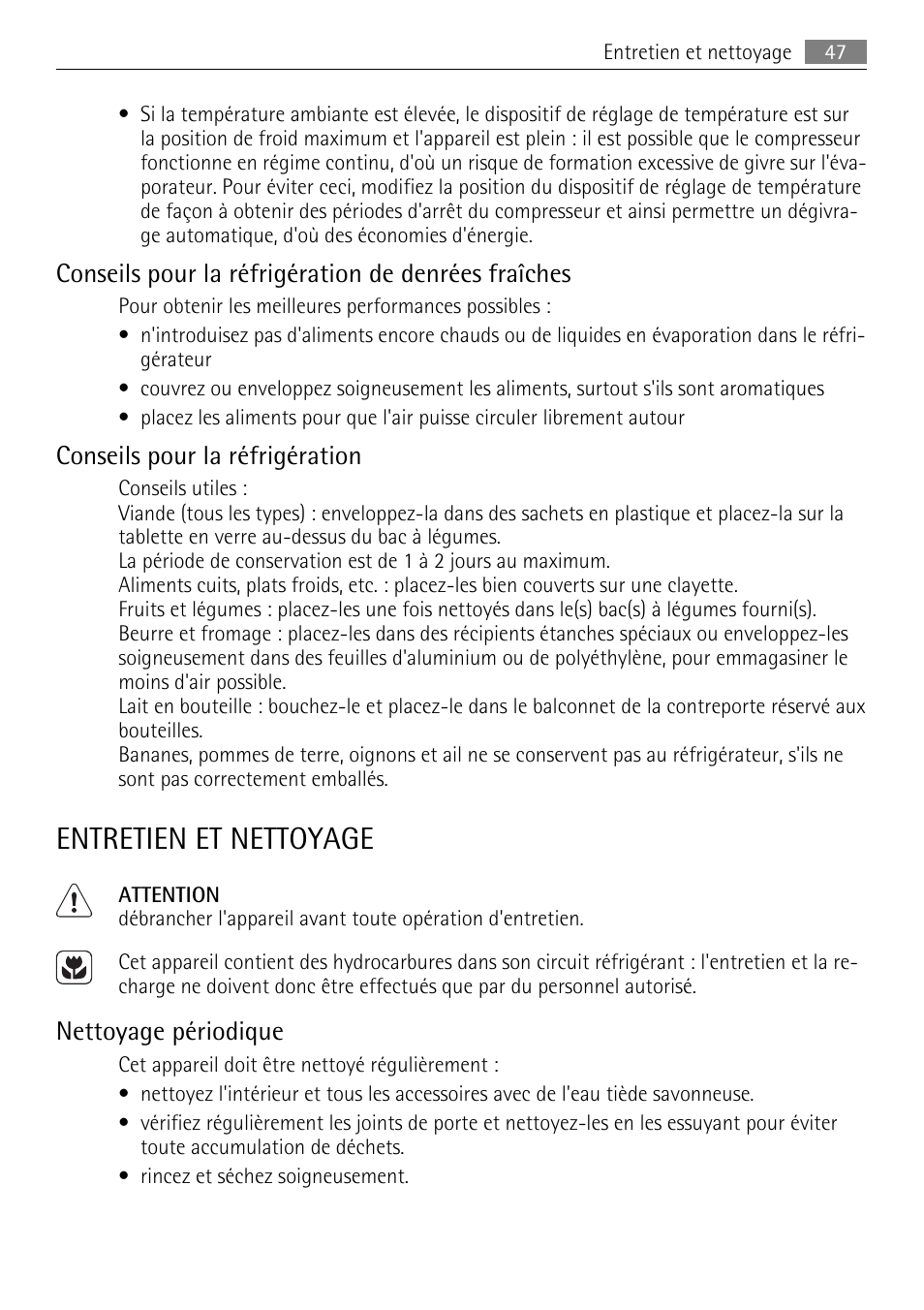 Entretien et nettoyage, Conseils pour la réfrigération de denrées fraîches, Conseils pour la réfrigération | Nettoyage périodique | AEG SKS51200F0 User Manual | Page 47 / 80