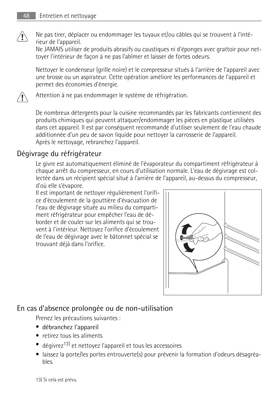 Dégivrage du réfrigérateur, En cas d'absence prolongée ou de non-utilisation | AEG SKS51200F0 User Manual | Page 48 / 80