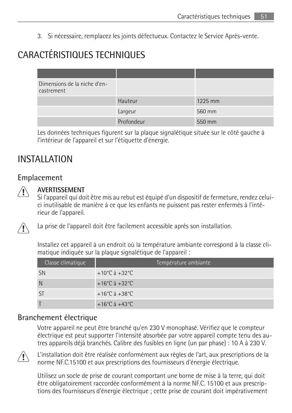 Caractéristiques techniques, Installation, Emplacement | Branchement électrique | AEG SKS51200F0 User Manual | Page 51 / 80