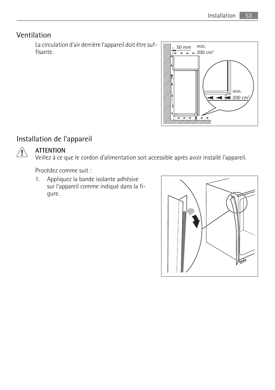 Ventilation, Installation de l'appareil | AEG SKS51200F0 User Manual | Page 53 / 80