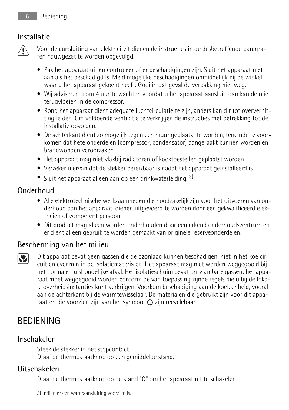 Bediening, Installatie, Onderhoud | Bescherming van het milieu, Inschakelen, Uitschakelen | AEG SKS51200F0 User Manual | Page 6 / 80