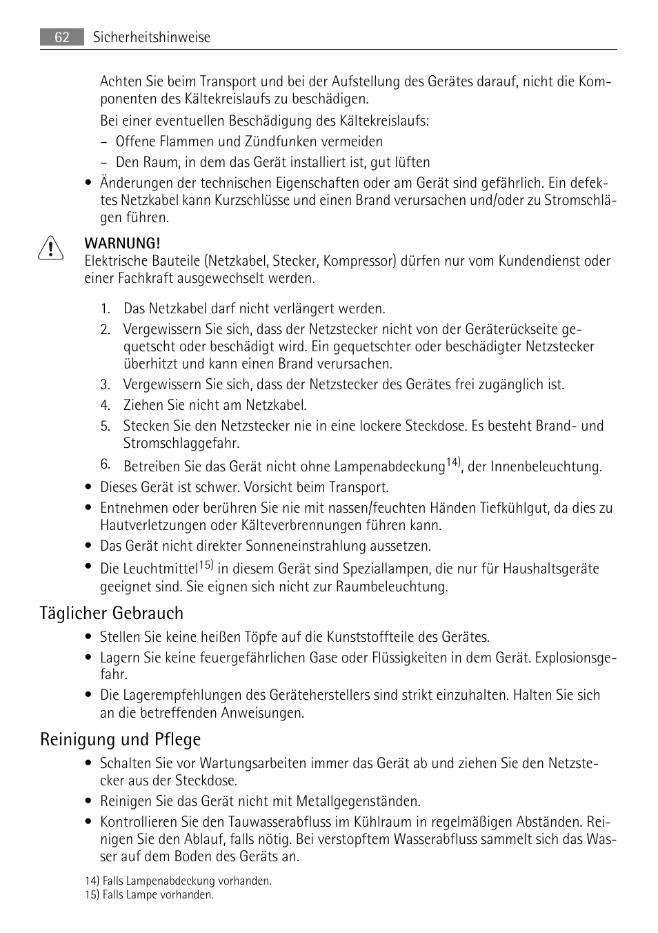 Täglicher gebrauch, Reinigung und pflege | AEG SKS51200F0 User Manual | Page 62 / 80