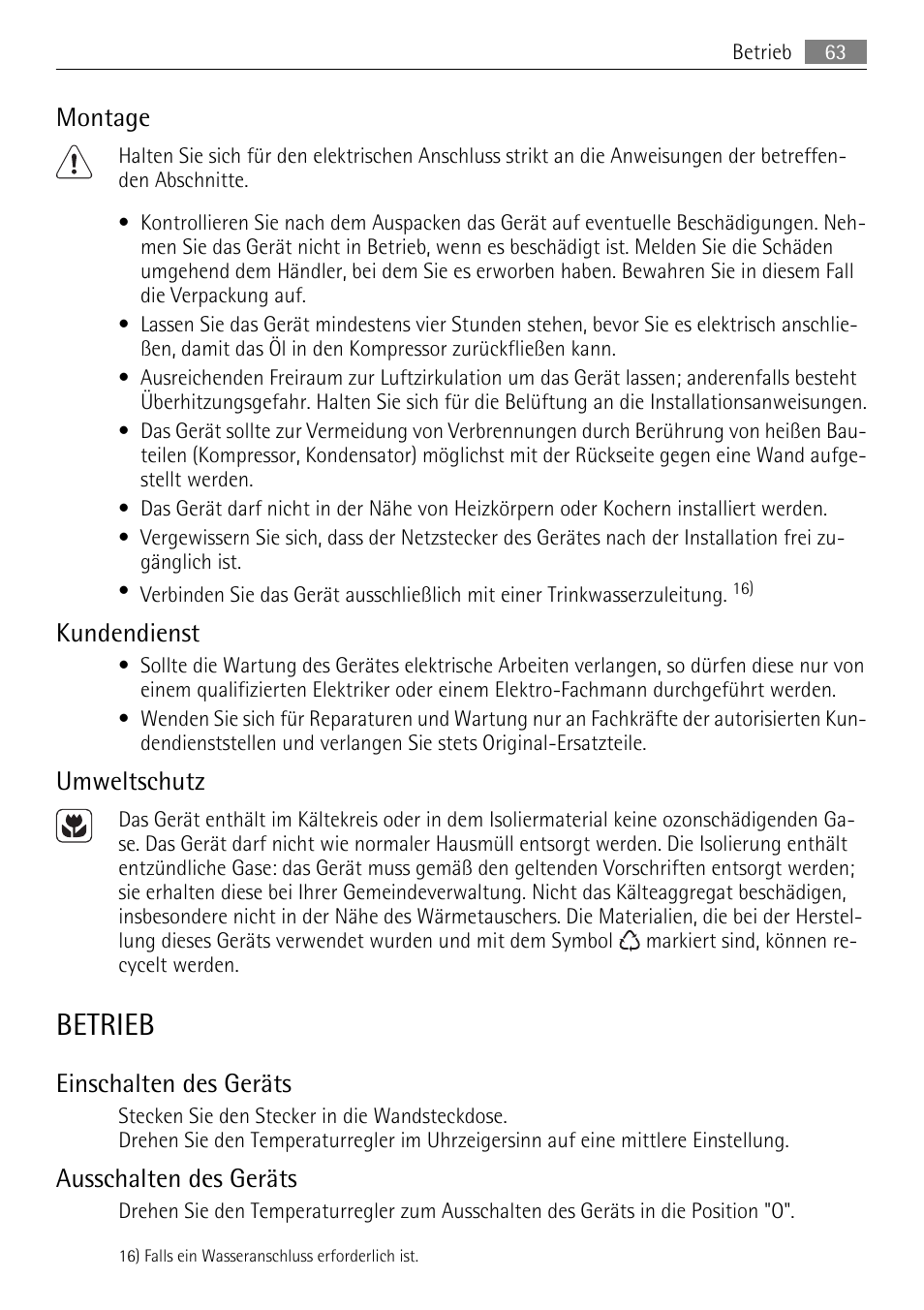 Betrieb, Montage, Kundendienst | Umweltschutz, Einschalten des geräts, Ausschalten des geräts | AEG SKS51200F0 User Manual | Page 63 / 80