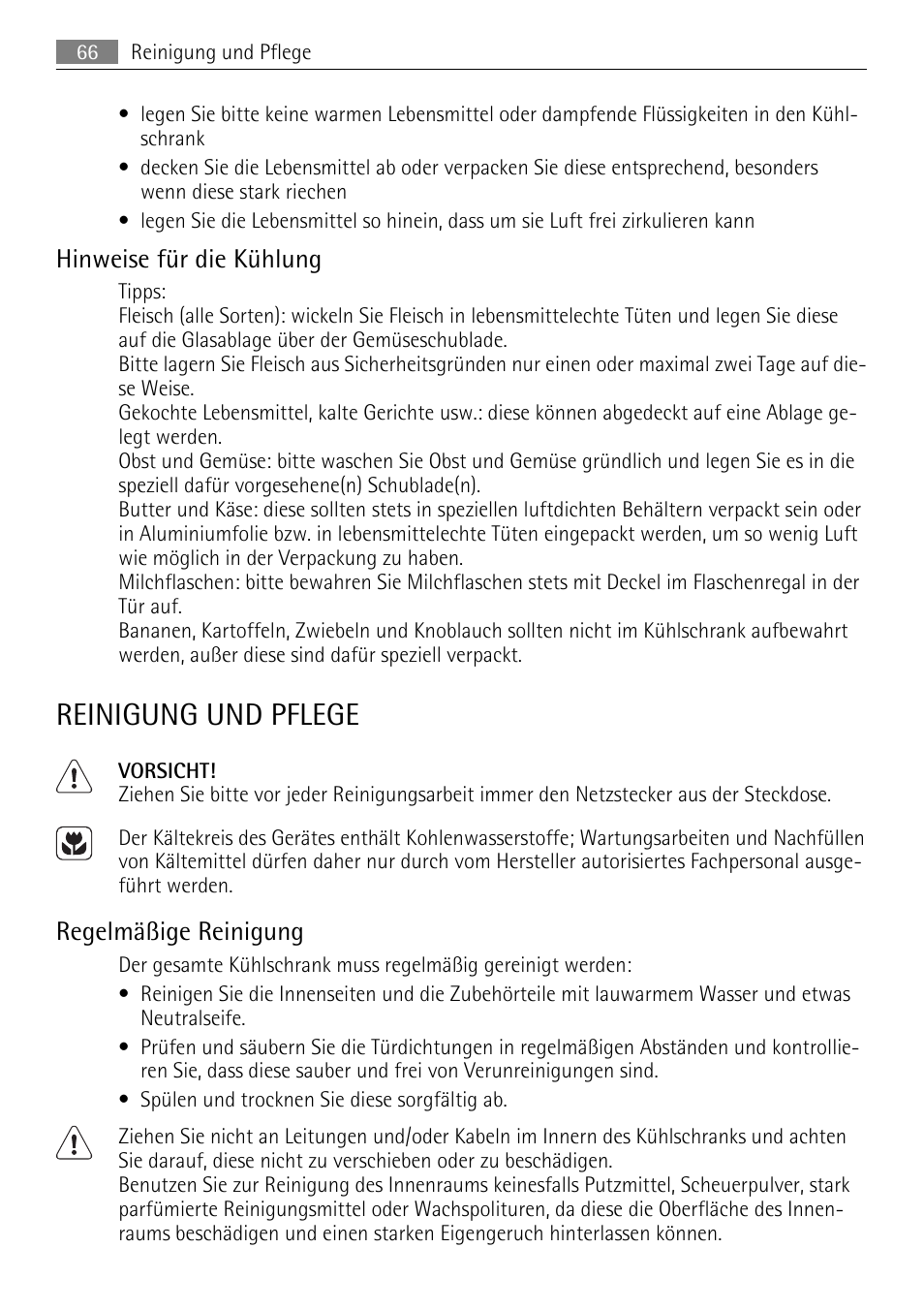 Reinigung und pflege, Hinweise für die kühlung, Regelmäßige reinigung | AEG SKS51200F0 User Manual | Page 66 / 80