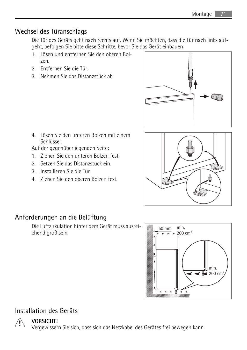 Wechsel des türanschlags, Anforderungen an die belüftung, Installation des geräts | AEG SKS51200F0 User Manual | Page 71 / 80