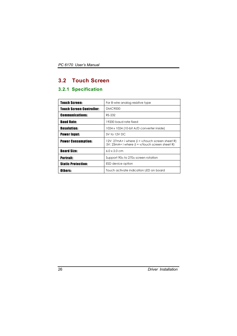 2 touch screen, 1 specification | Acnodes PC 6170 User Manual | Page 34 / 75