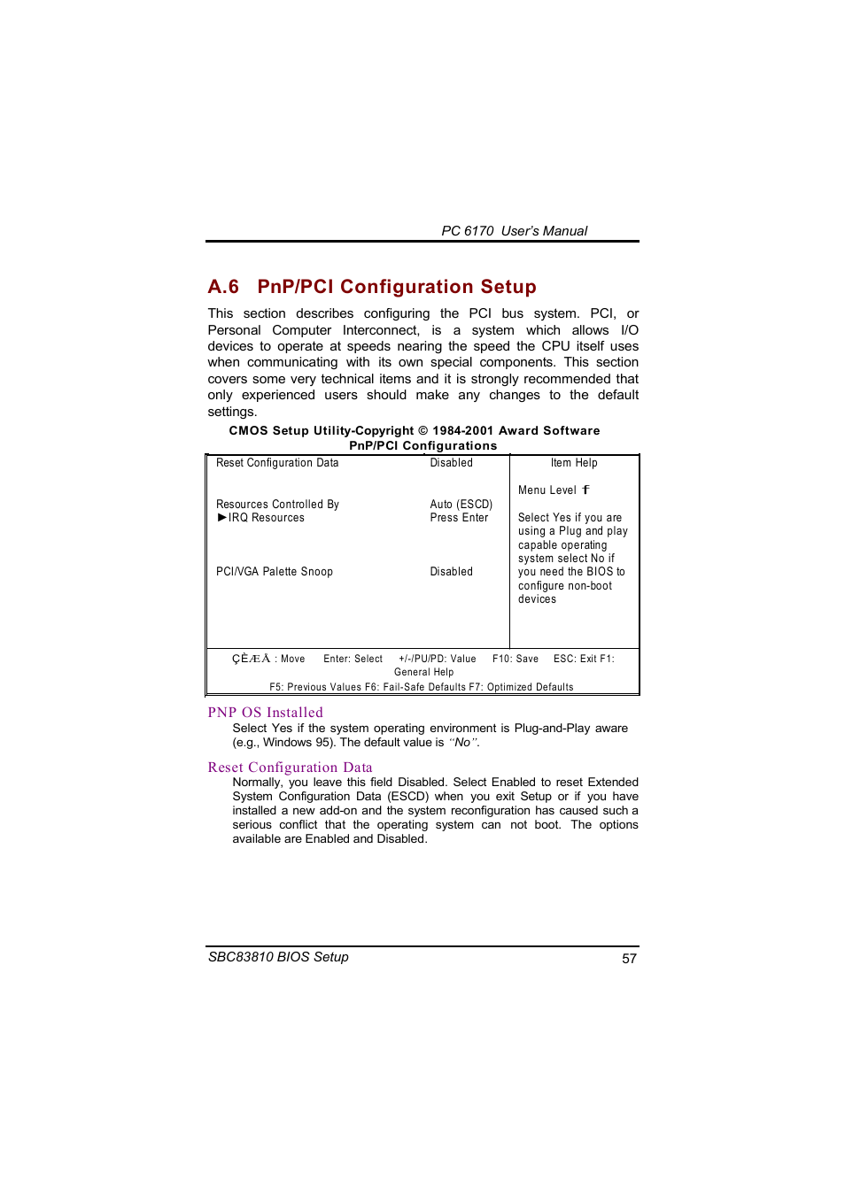 A.6 pnp/pci configuration setup | Acnodes PC 6170 User Manual | Page 65 / 75
