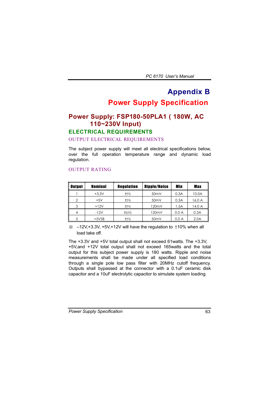 Appendix b power supply specification, Electrical requirements | Acnodes PC 6170 User Manual | Page 71 / 75