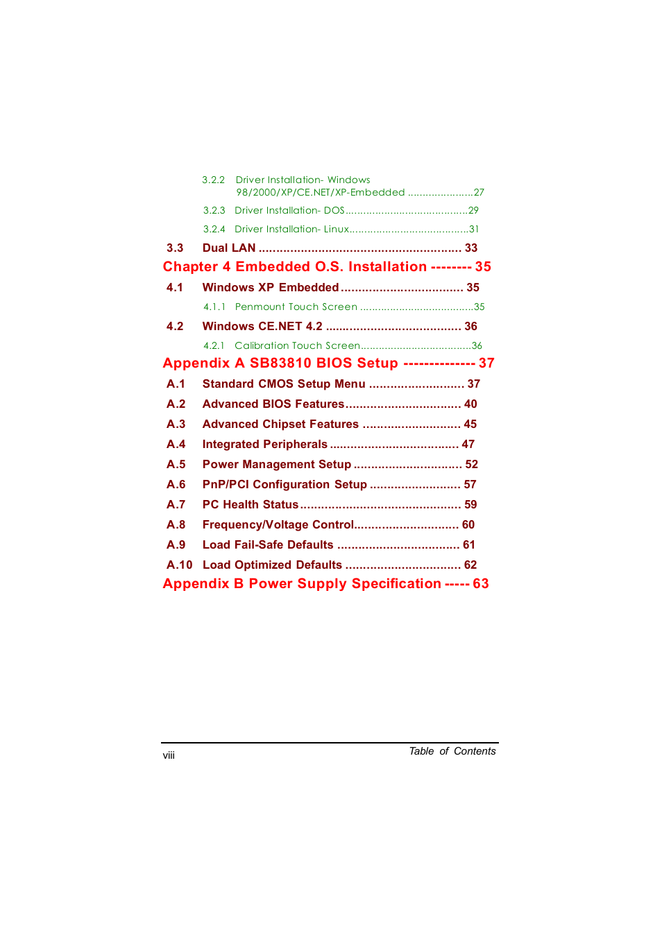 Chapter 4 embedded o.s. installation, Appendix b power supply specification | Acnodes PC 6170 User Manual | Page 8 / 75